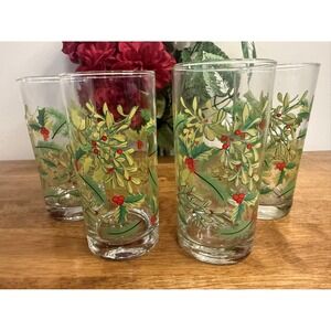 Vintage Libbey Crisa Holly Berry Highball Glasses Set MCM Holiday Dining Barware